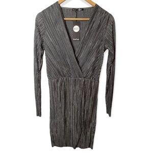 Boohoo Pleated Long SLeeve Metallic‎ Wrap Dress​​​